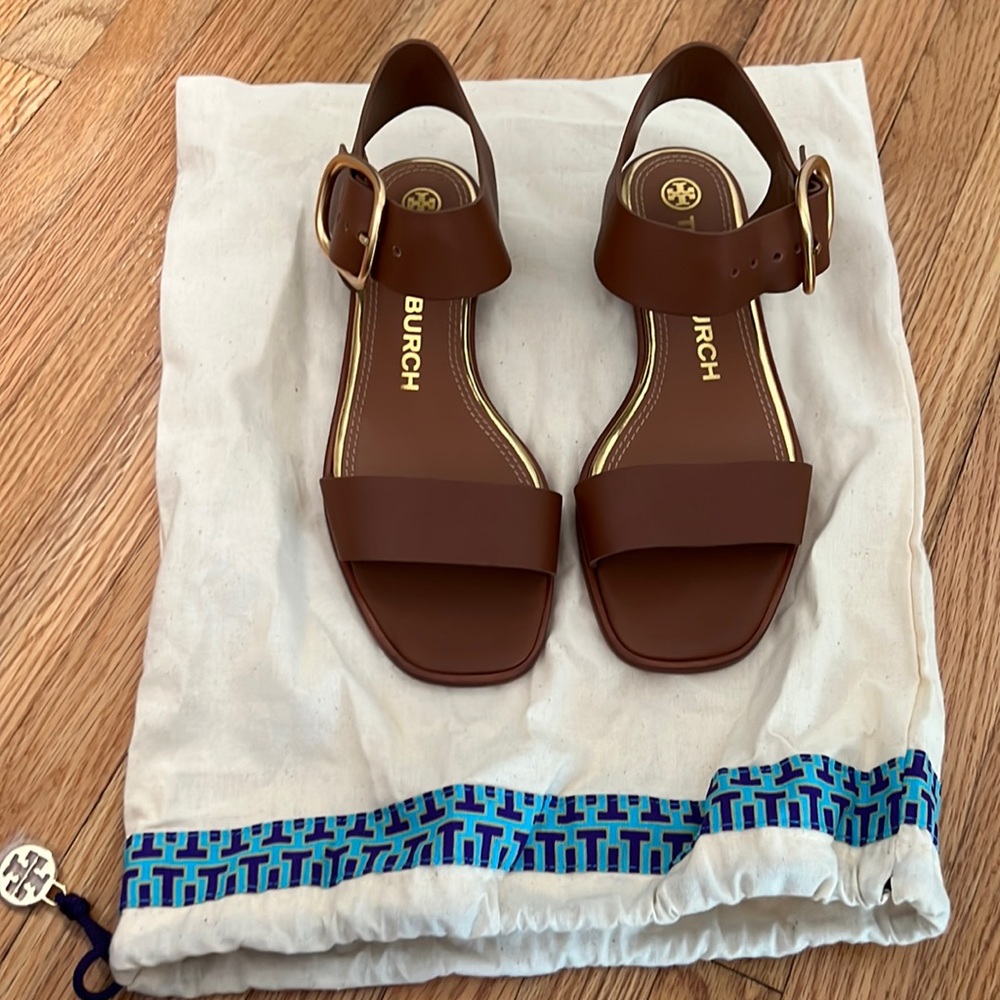Tory Burch brown/ tan leather sandals with gold buckle, never worn!